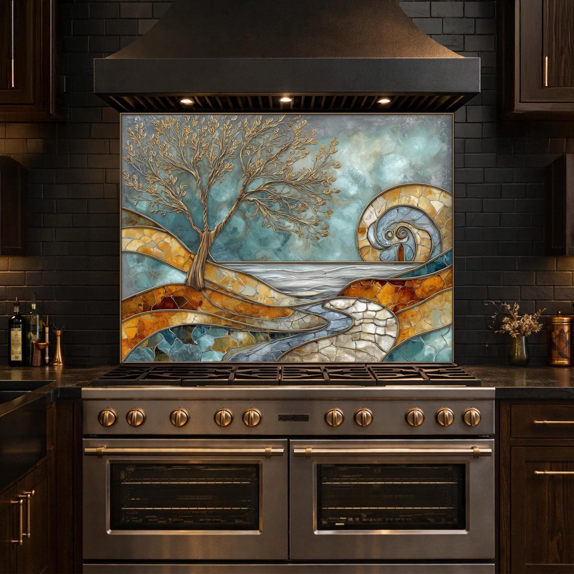 Abstract Tree Glass Backsplash, Blue Gold Landscape Kitchen Wall Panel