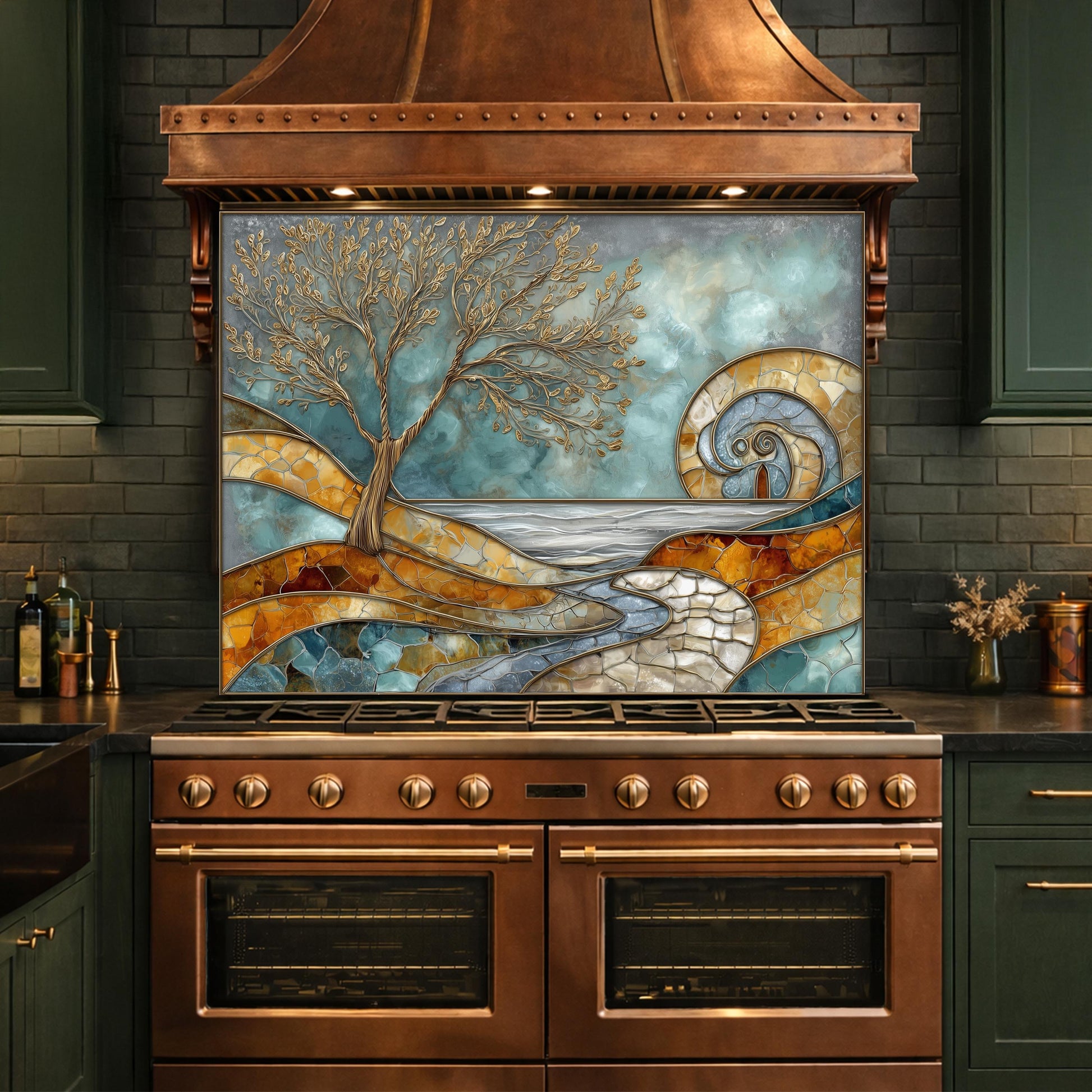 Abstract Tree Glass Backsplash, Blue Gold Landscape Kitchen Wall Panel