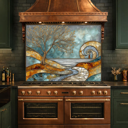Abstract Tree Glass Backsplash, Blue Gold Landscape Kitchen Wall Panel
