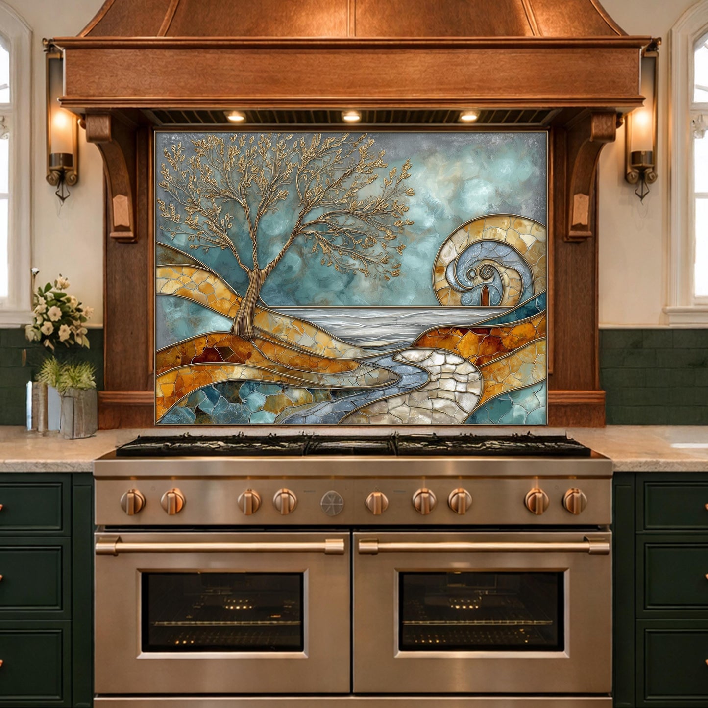 Abstract Tree Glass Backsplash, Blue Gold Landscape Kitchen Wall Panel