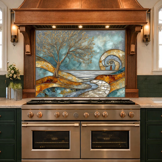 Abstract Tree Glass Backsplash, Blue Gold Landscape Kitchen Wall Panel