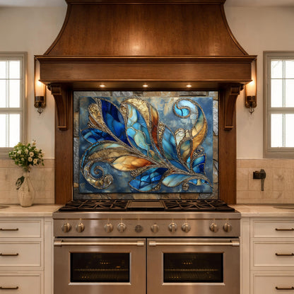 Abstract Blue Gold Glass Backsplash, Modern Art Kitchen Wall Panel Decor