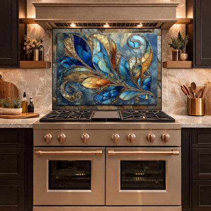 Abstract Blue Gold Glass Backsplash, Modern Art Kitchen Wall Panel Decor