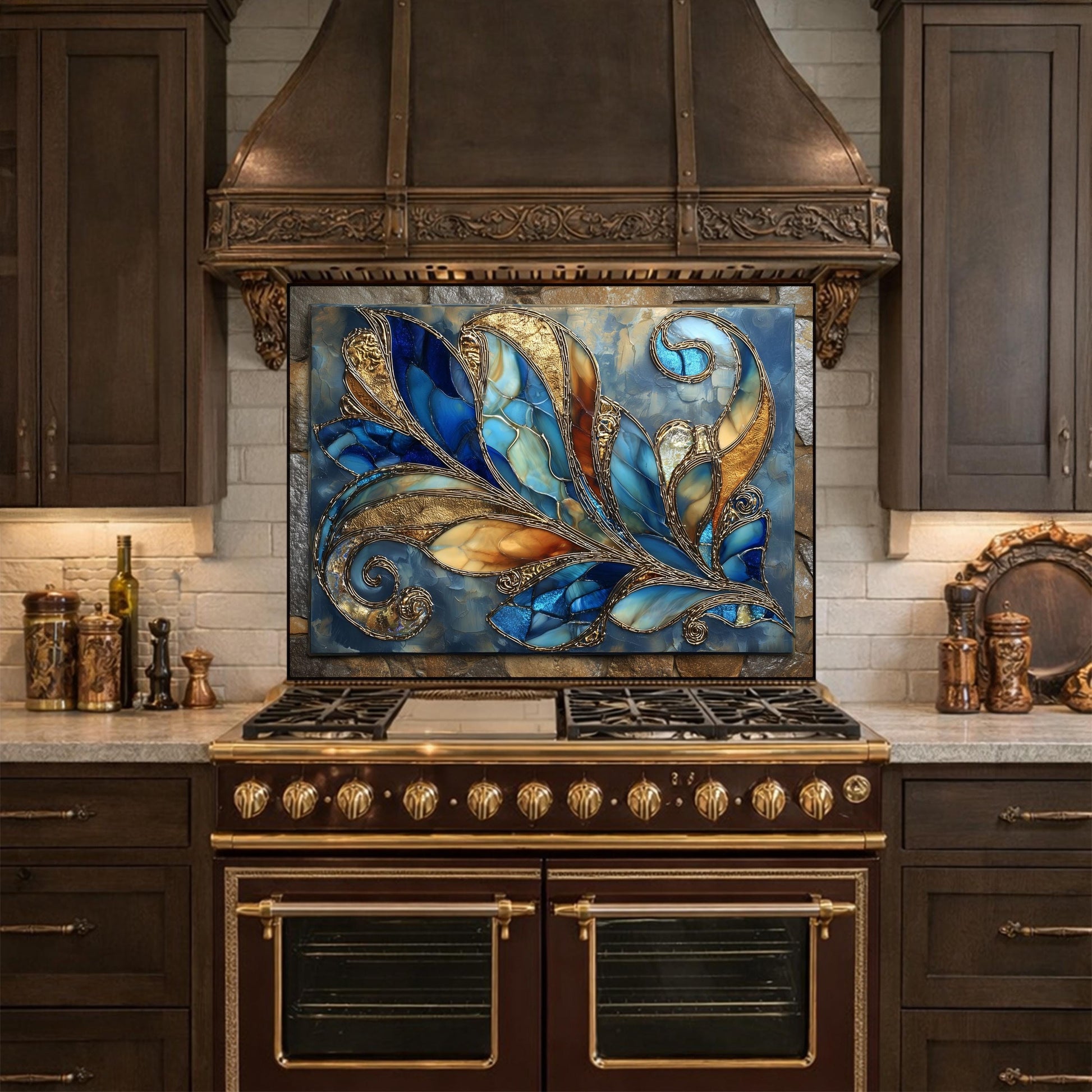 Abstract Blue Gold Glass Backsplash, Modern Art Kitchen Wall Panel Decor