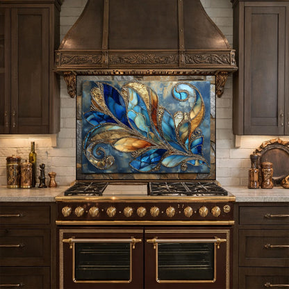 Abstract Blue Gold Glass Backsplash, Modern Art Kitchen Wall Panel Decor