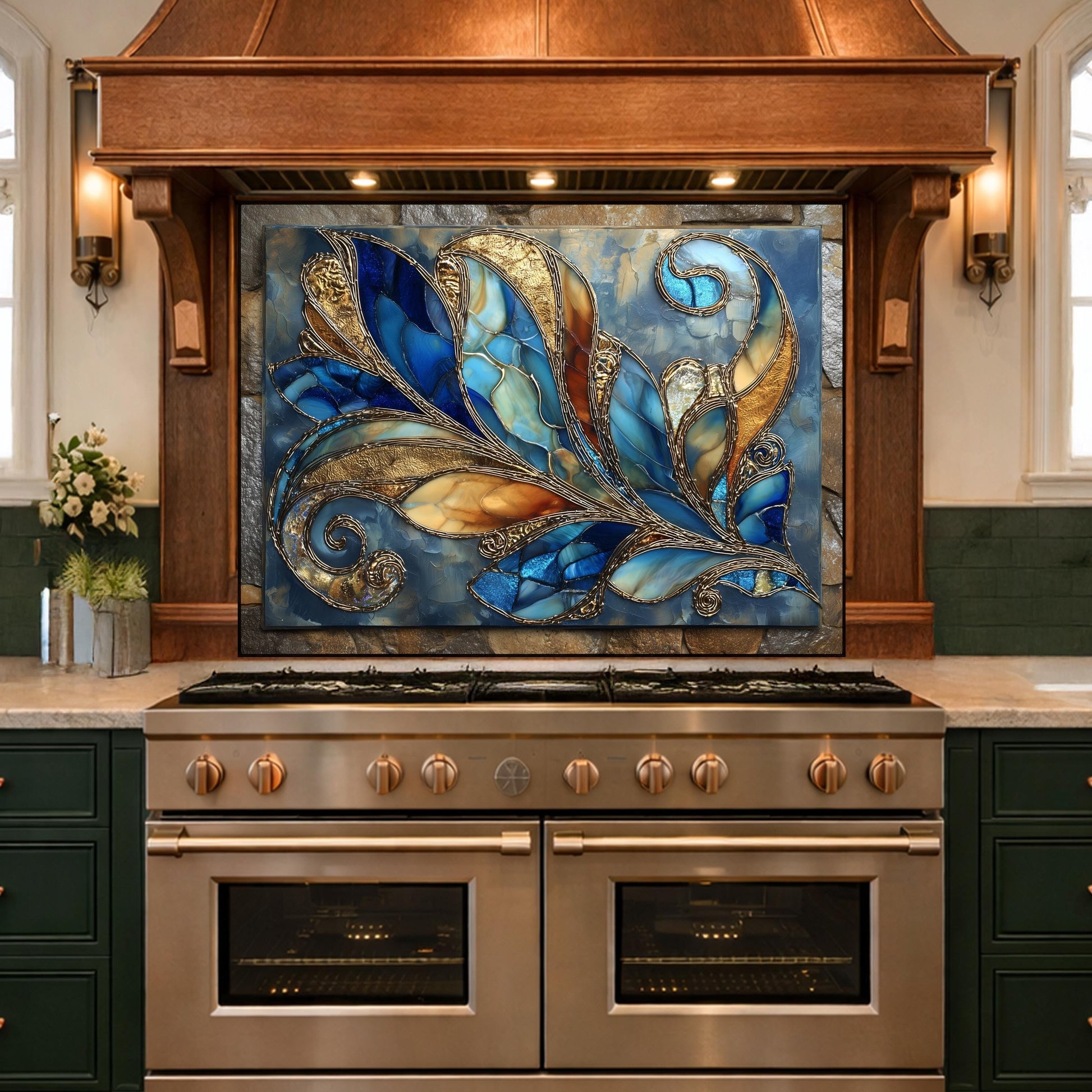 Abstract Blue Gold Glass Backsplash, Modern Art Kitchen Wall Panel Decor