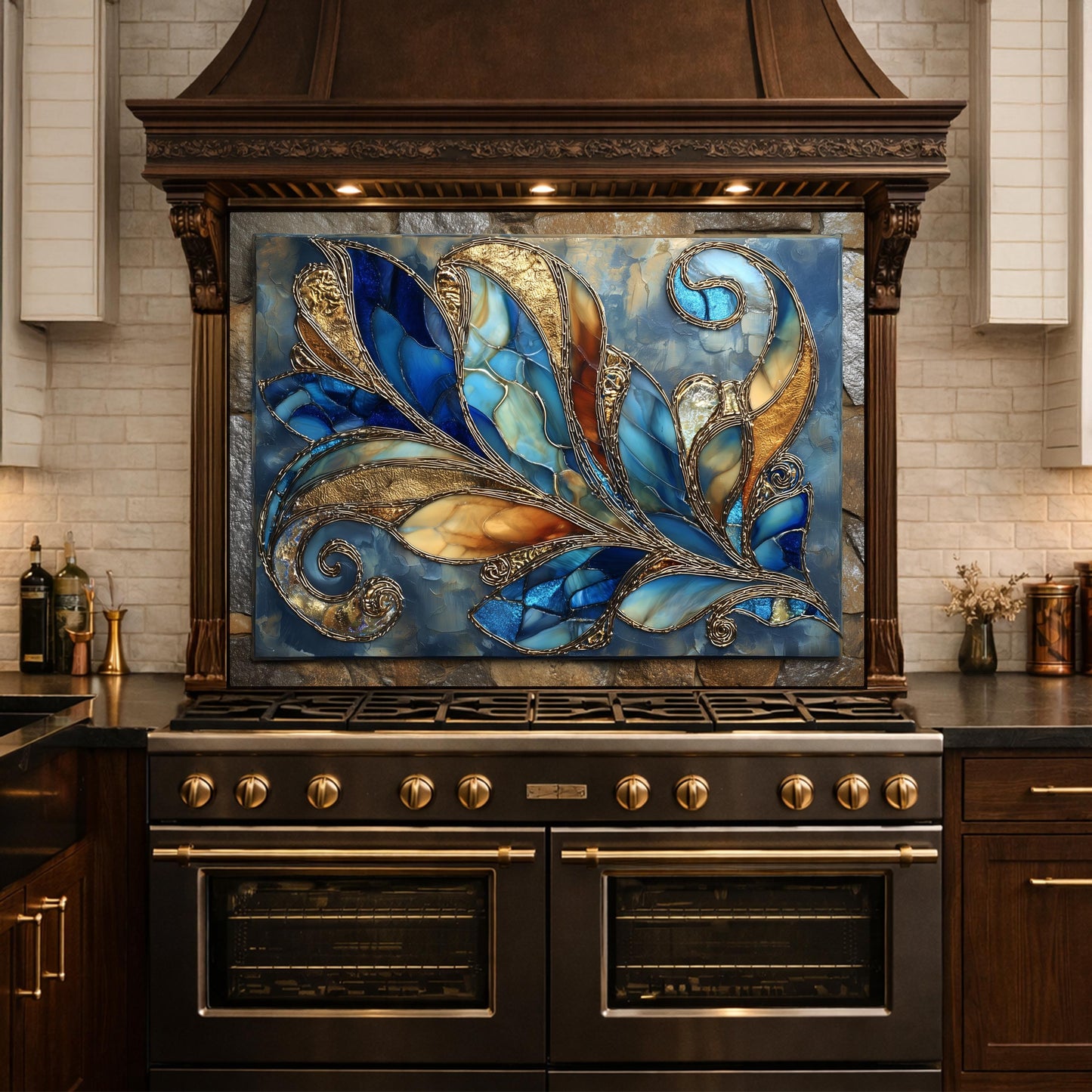 Abstract Blue Gold Glass Backsplash, Modern Art Kitchen Wall Panel Decor