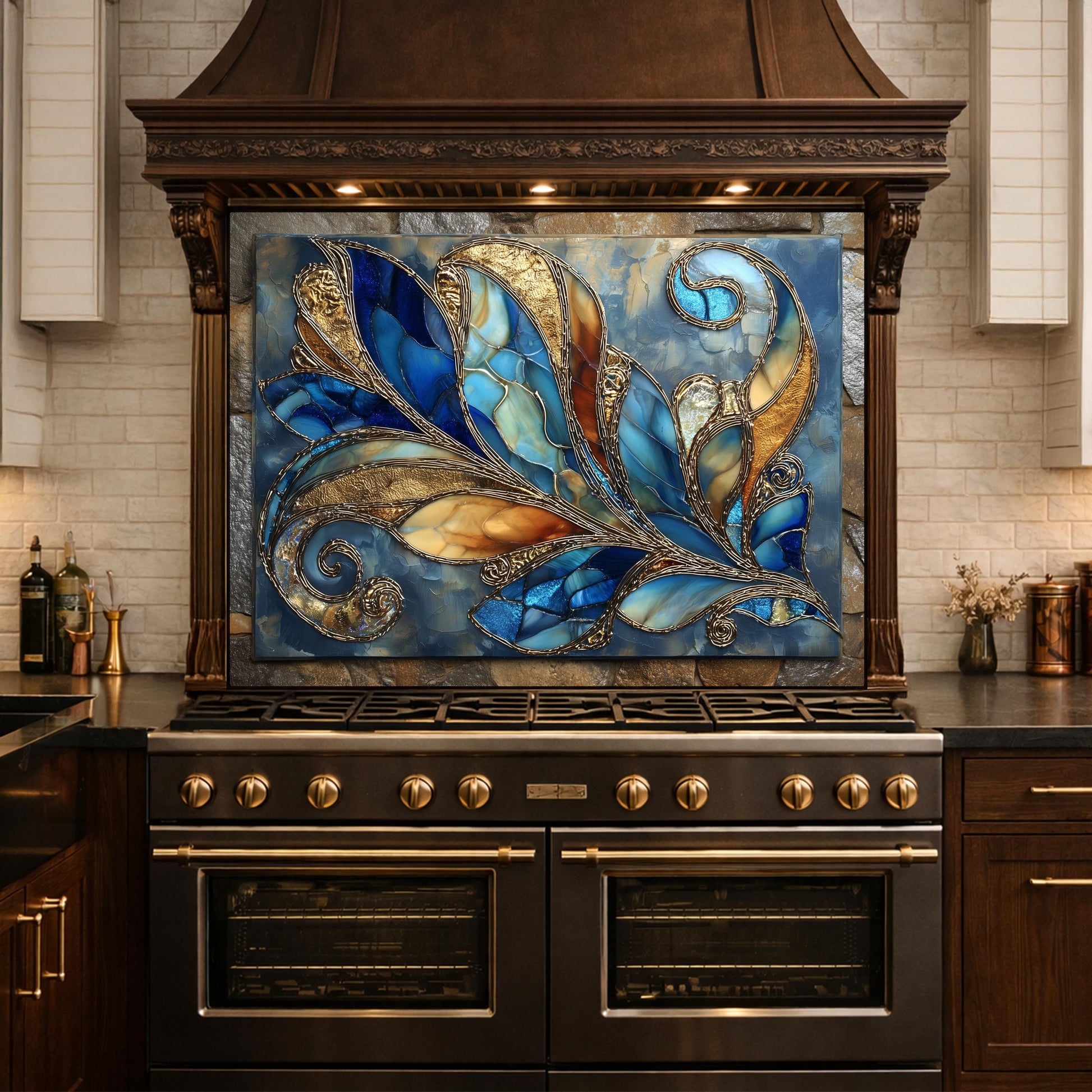 Abstract Blue Gold Glass Backsplash, Modern Art Kitchen Wall Panel Decor
