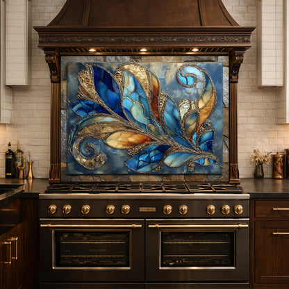 Abstract Blue Gold Glass Backsplash, Modern Art Kitchen Wall Panel Decor