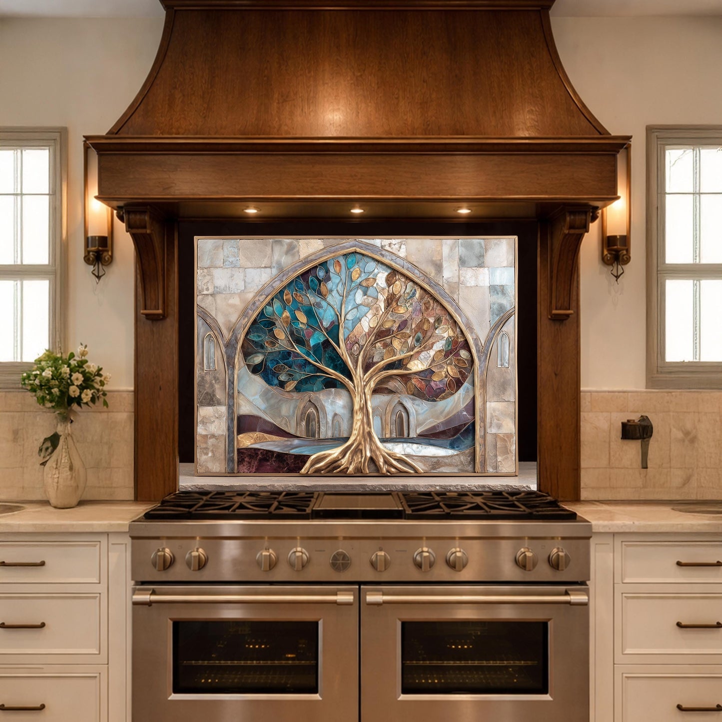 Tree of Life Glass Backsplash, Stained Glass Arch Kitchen Wall Panel