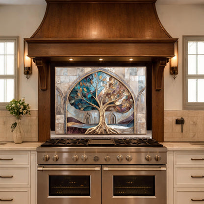 Tree of Life Glass Backsplash, Stained Glass Arch Kitchen Wall Panel