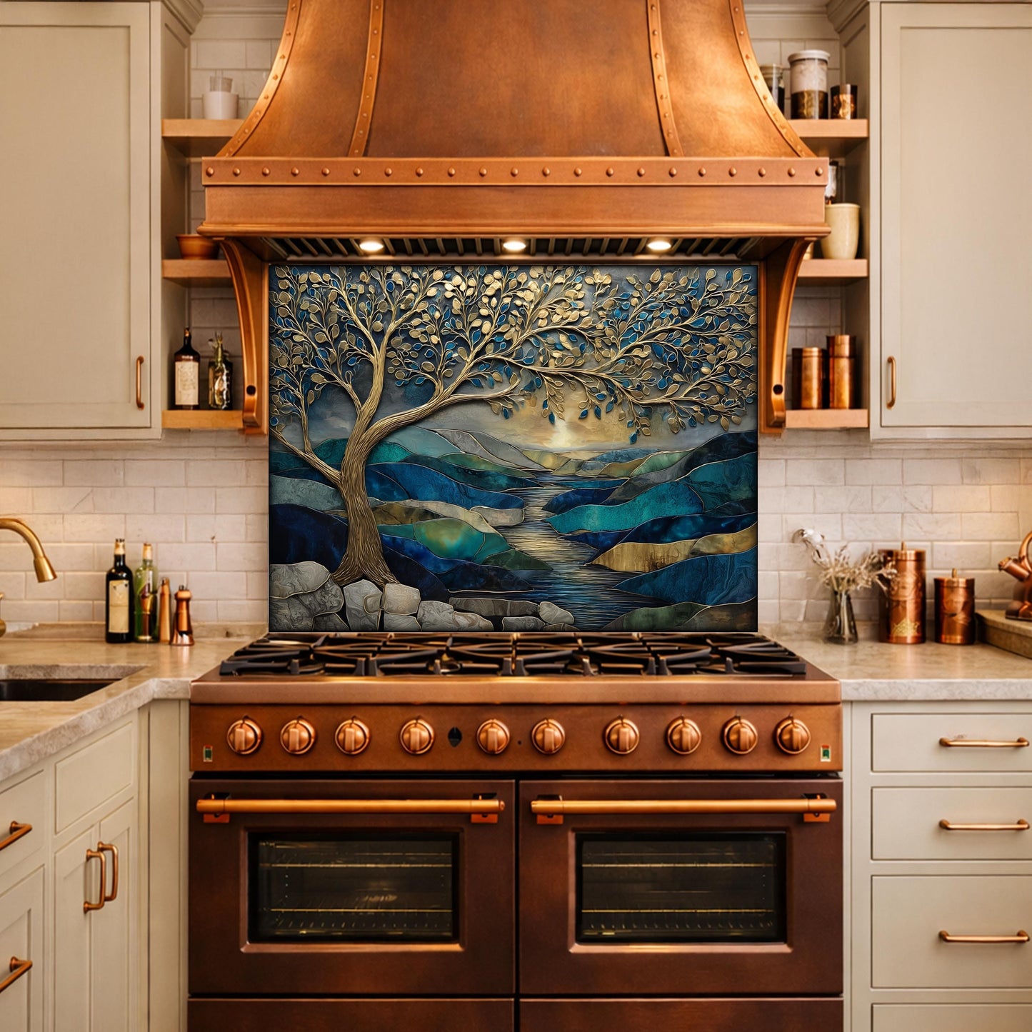 Tree of Life Glass Backsplash, Blue Gold Landscape Kitchen Wall Panel