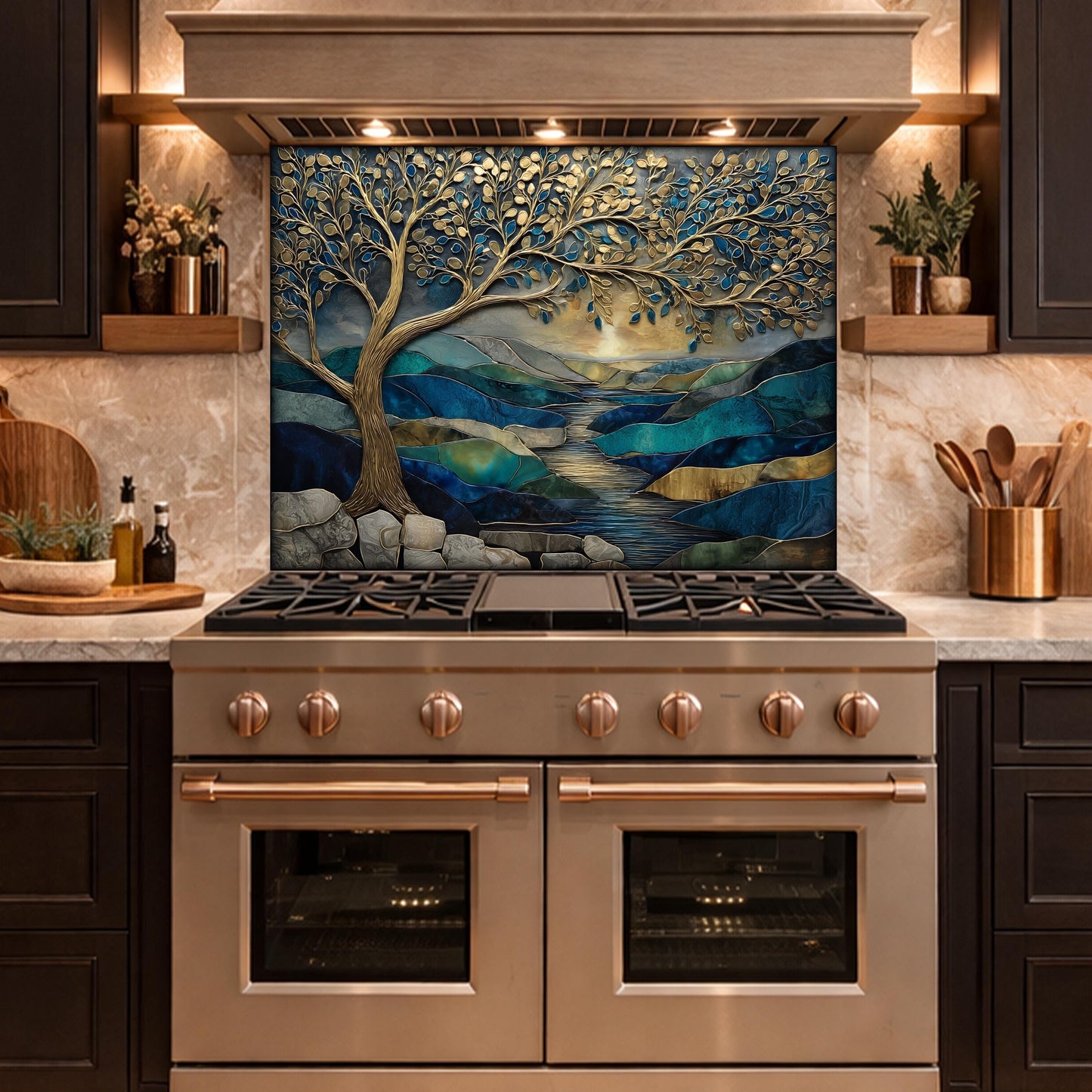 Tree of Life Glass Backsplash, Blue Gold Landscape Kitchen Wall Panel