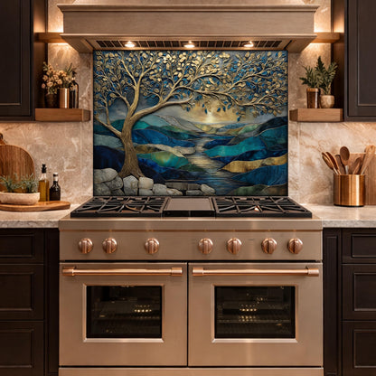 Tree of Life Glass Backsplash, Blue Gold Landscape Kitchen Wall Panel