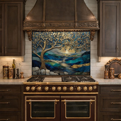 Tree of Life Glass Backsplash, Blue Gold Landscape Kitchen Wall Panel