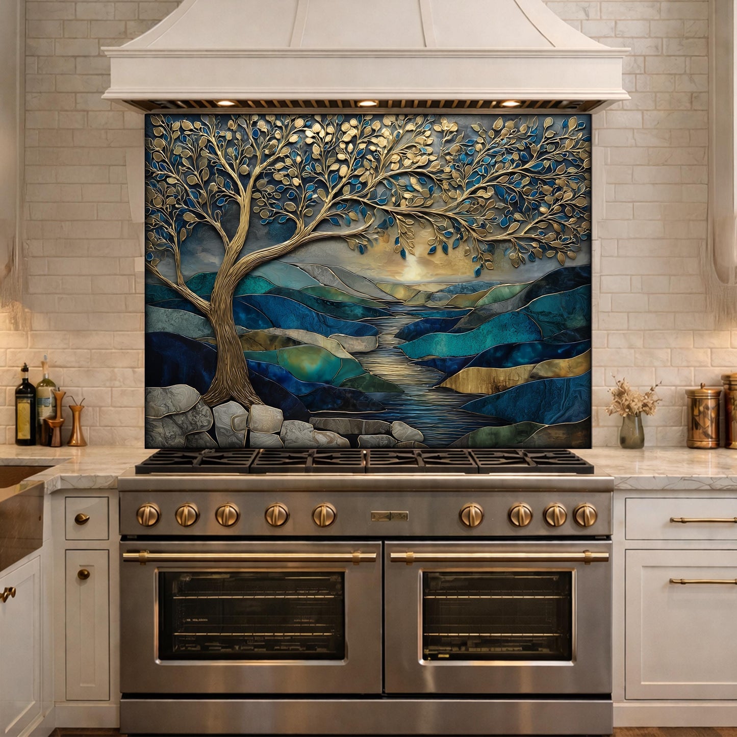 Tree of Life Glass Backsplash, Blue Gold Landscape Kitchen Wall Panel