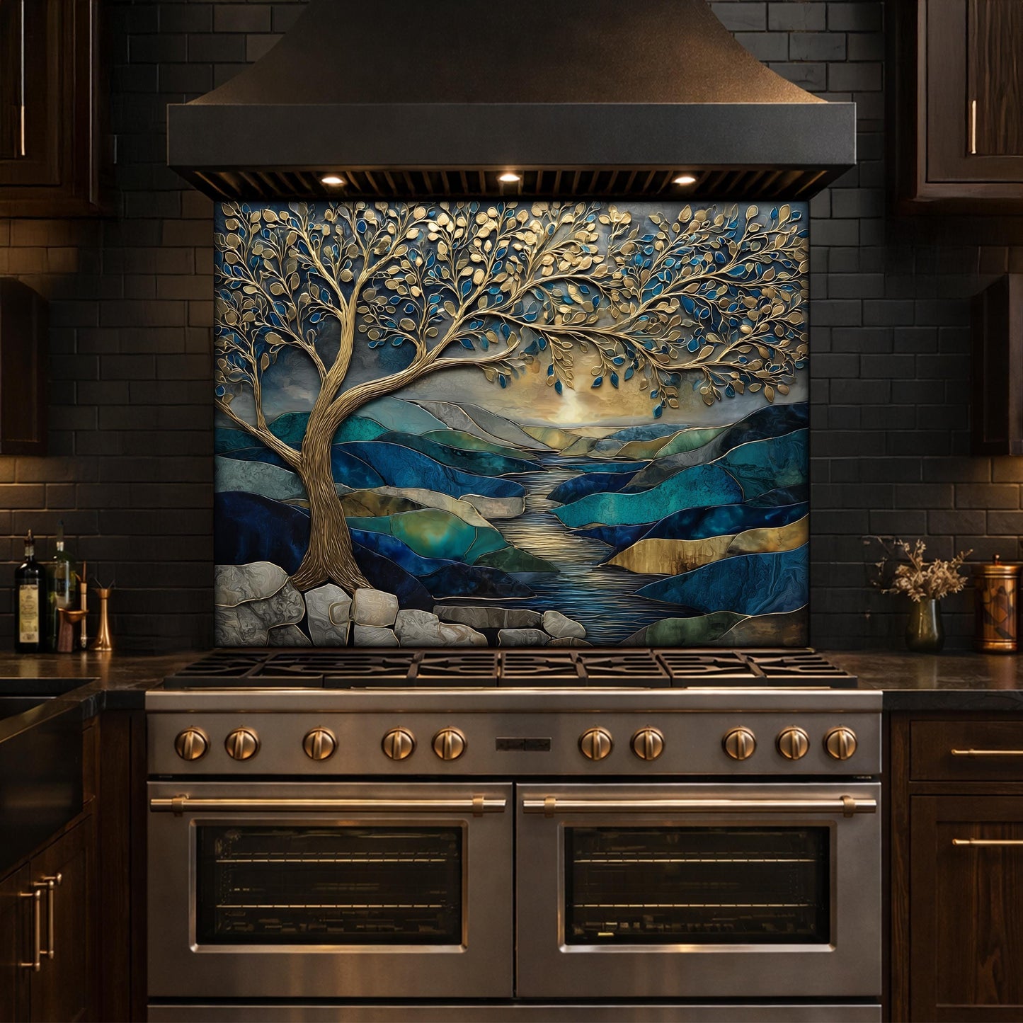 Tree of Life Glass Backsplash, Blue Gold Landscape Kitchen Wall Panel