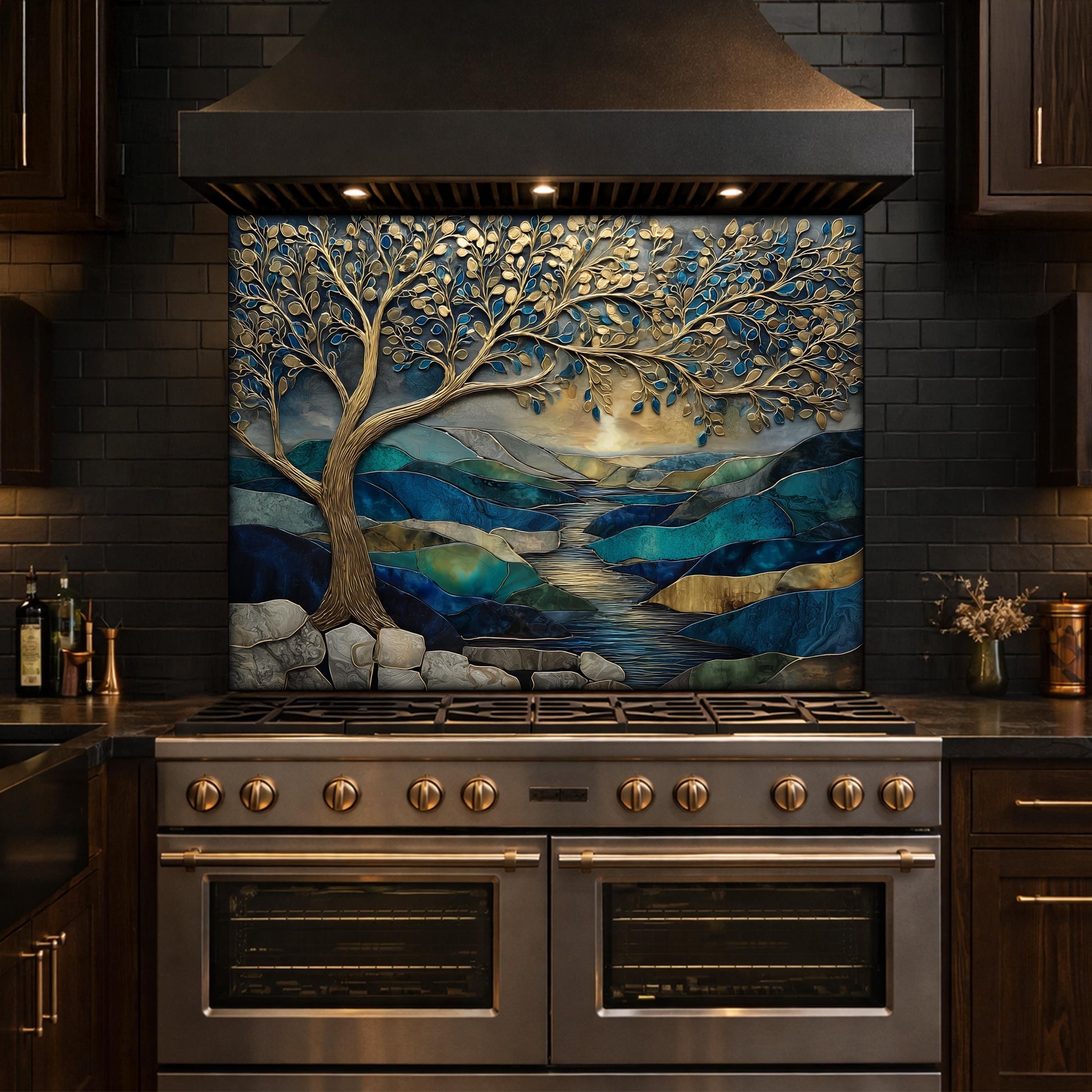 Tree of Life Glass Backsplash, Blue Gold Landscape Kitchen Wall Panel