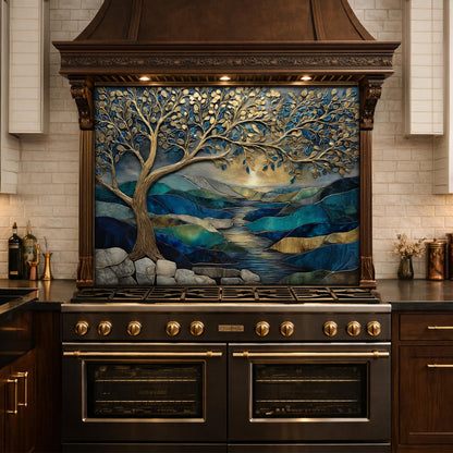 Tree of Life Glass Backsplash, Blue Gold Landscape Kitchen Wall Panel