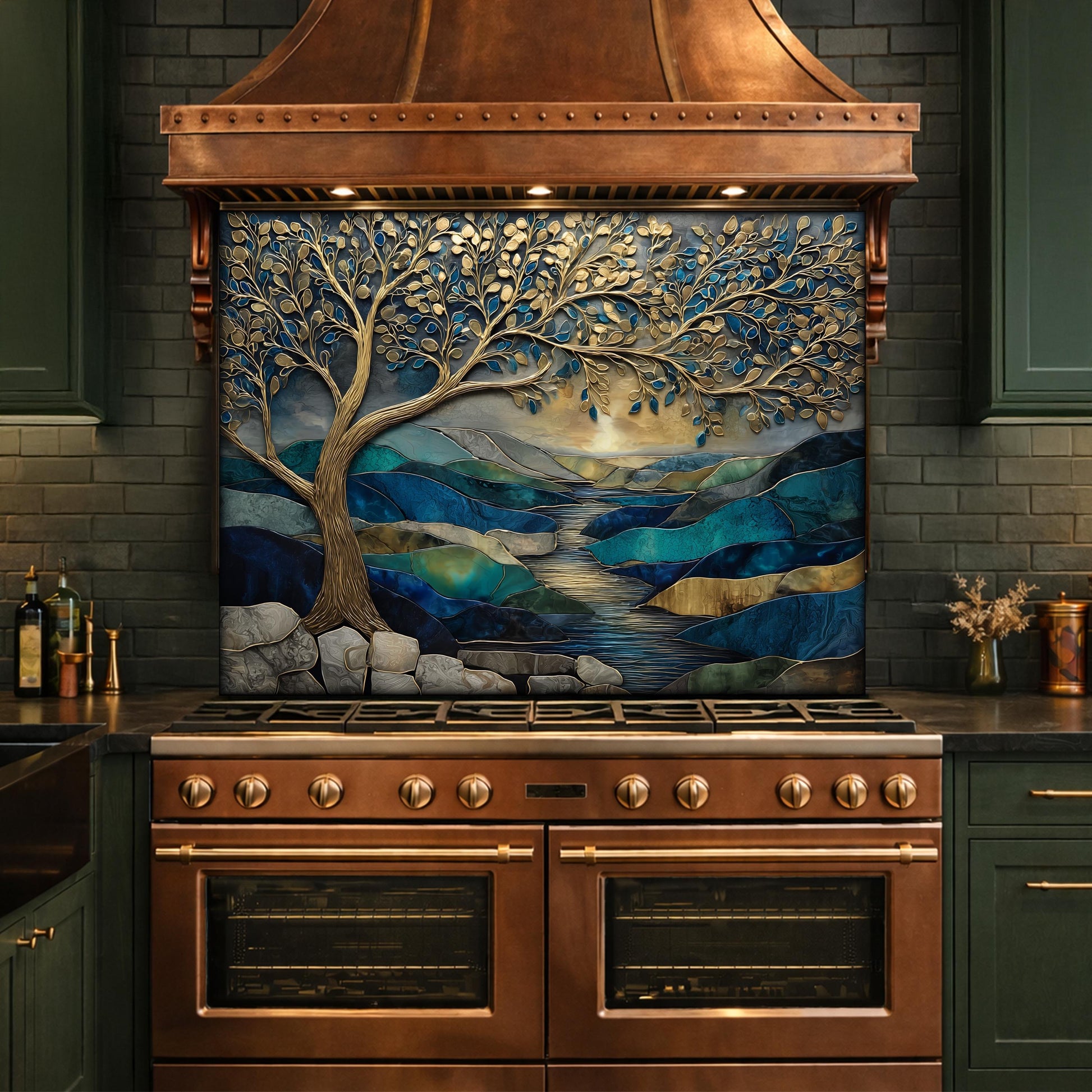 Tree of Life Glass Backsplash, Blue Gold Landscape Kitchen Wall Panel
