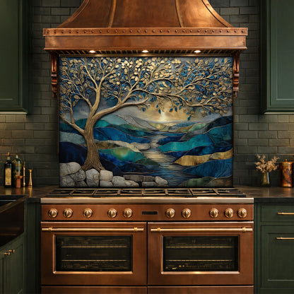 Tree of Life Glass Backsplash, Blue Gold Landscape Kitchen Wall Panel