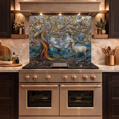 Tree of Life Glass Backsplash, Blue Gold Landscape Kitchen Wall Panel
