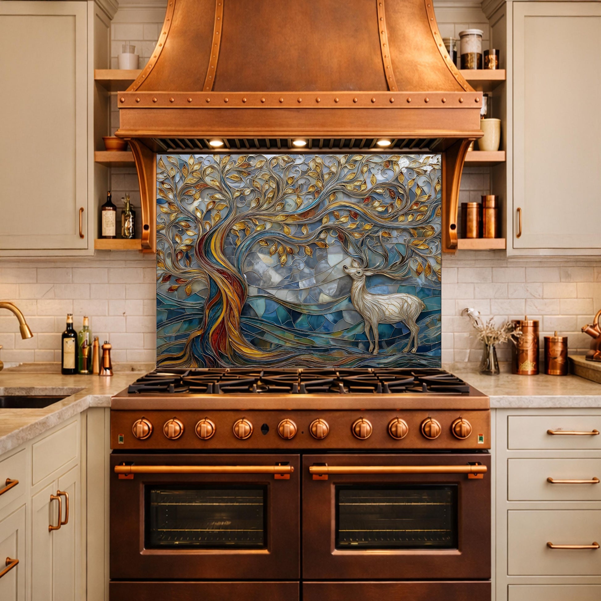 Tree of Life Glass Backsplash, Blue Gold Landscape Kitchen Wall Panel
