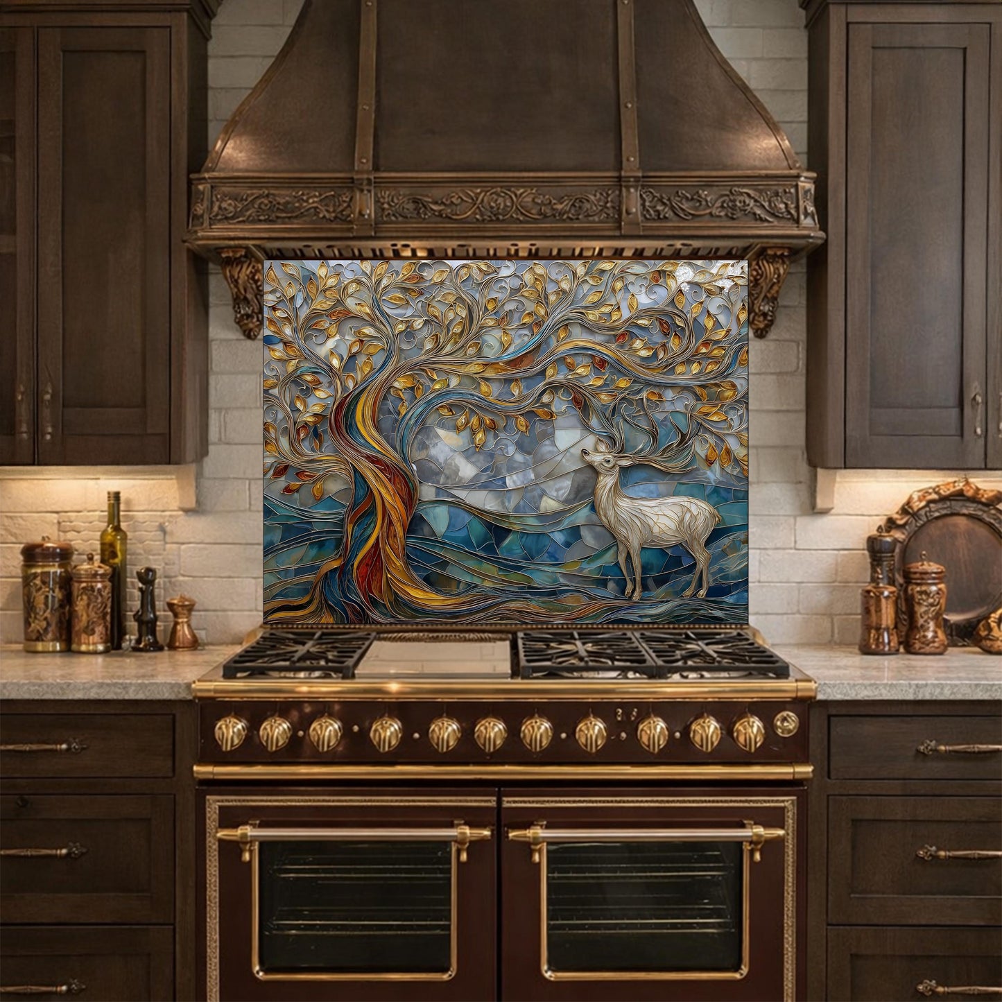 Tree of Life Glass Backsplash, Blue Gold Landscape Kitchen Wall Panel
