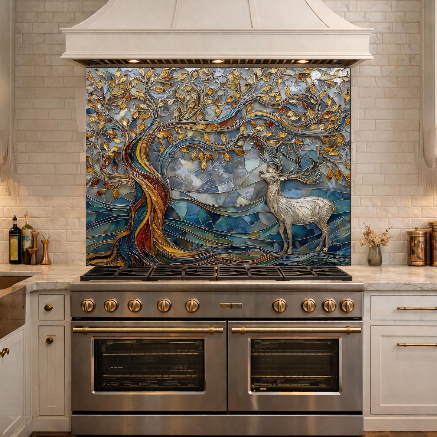 Tree of Life Glass Backsplash, Blue Gold Landscape Kitchen Wall Panel