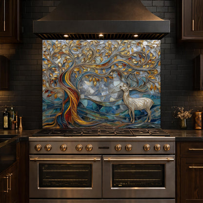Tree of Life Glass Backsplash, Blue Gold Landscape Kitchen Wall Panel