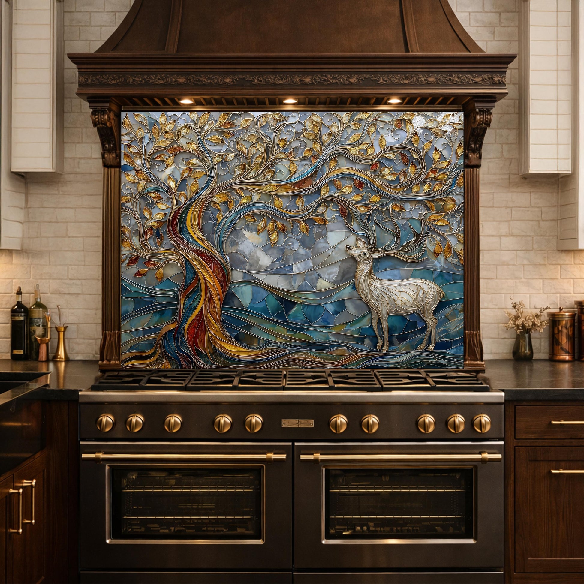 Tree of Life Glass Backsplash, Blue Gold Landscape Kitchen Wall Panel