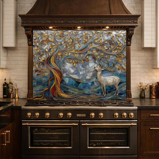 Tree of Life Glass Backsplash, Blue Gold Landscape Kitchen Wall Panel