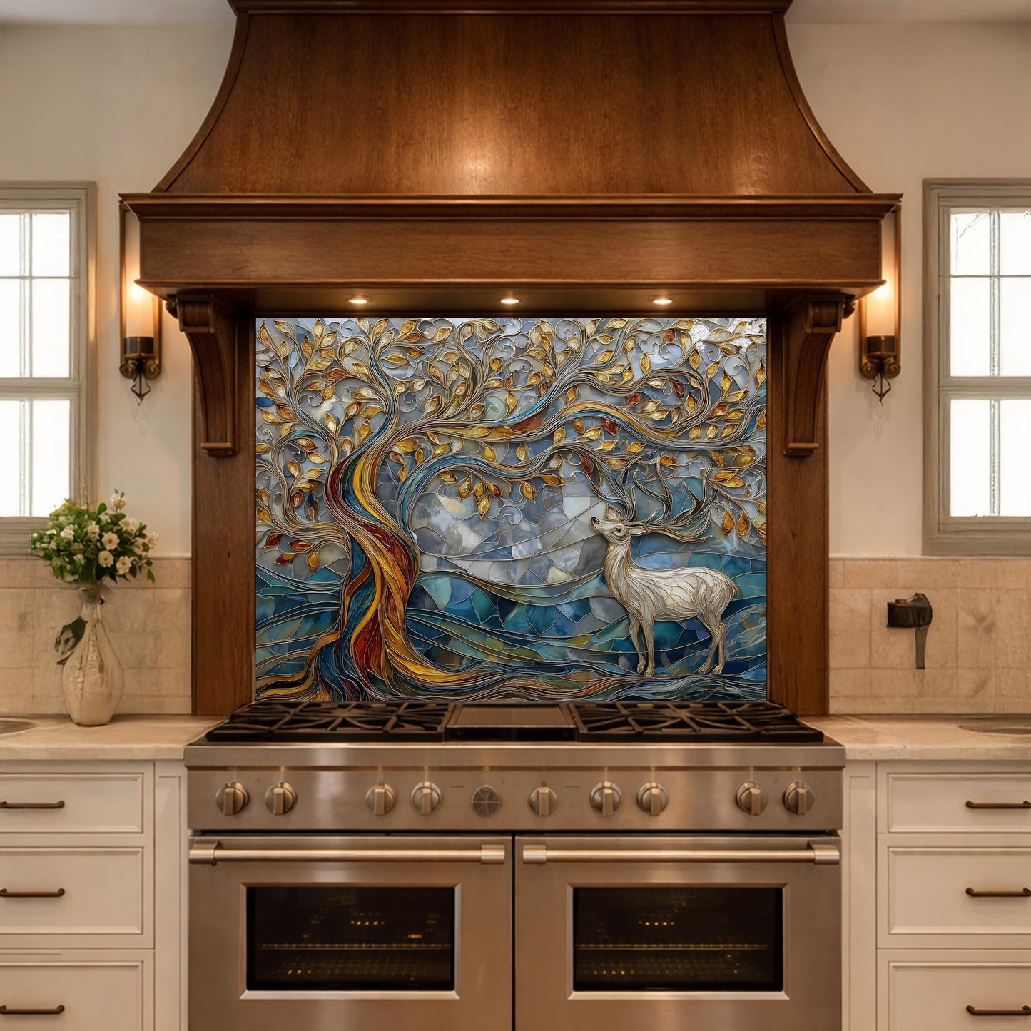 Tree of Life Glass Backsplash, Blue Gold Landscape Kitchen Wall Panel