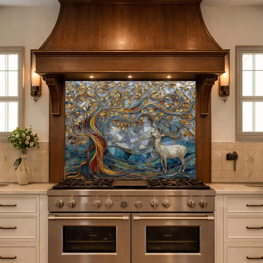 Tree of Life Glass Backsplash, Blue Gold Landscape Kitchen Wall Panel
