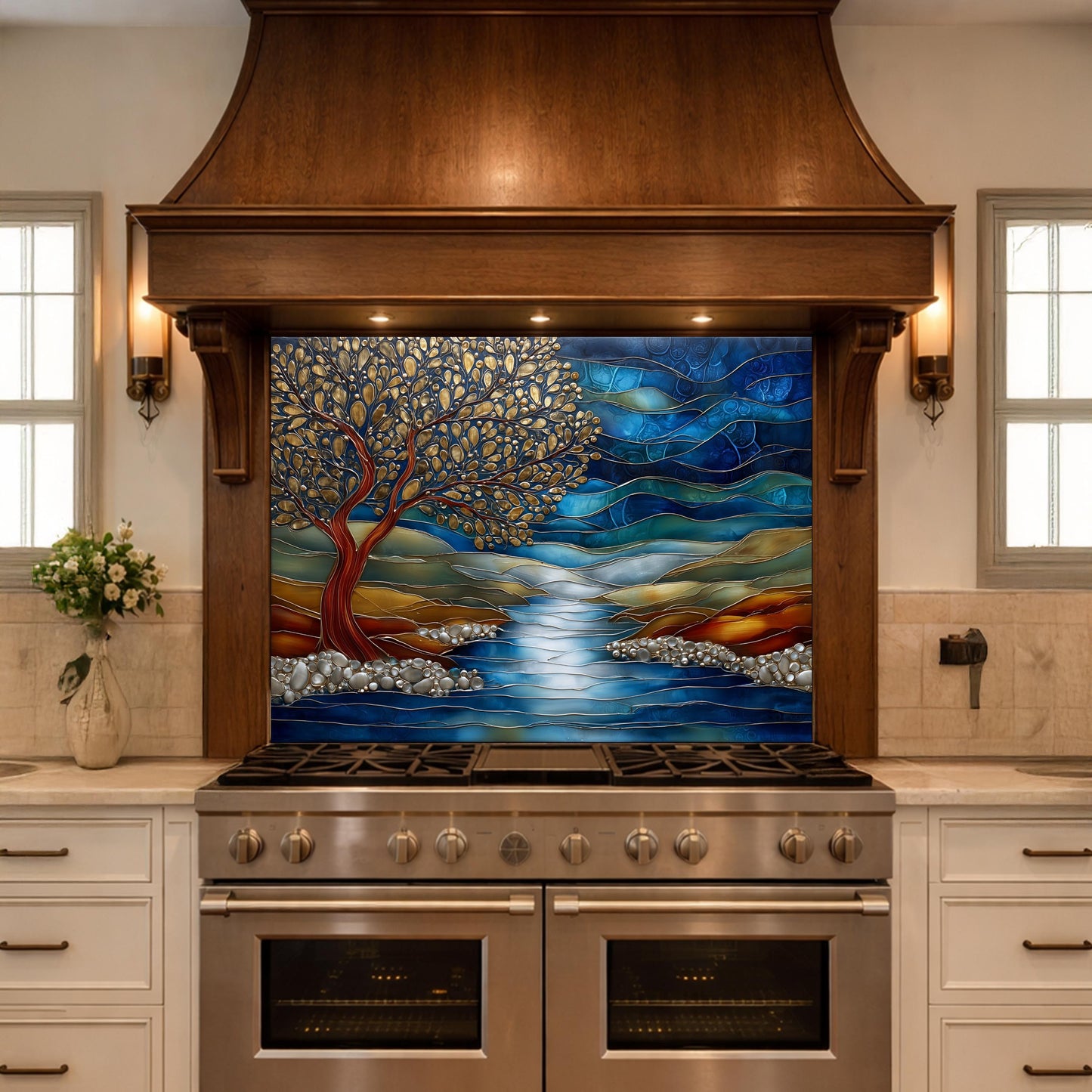 Tree of Life Glass Backsplash, Blue River Landscape Kitchen Wall Panel