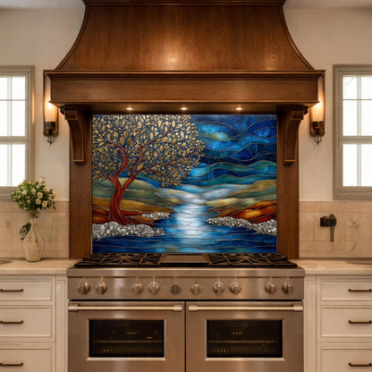 Tree of Life Glass Backsplash, Blue River Landscape Kitchen Wall Panel