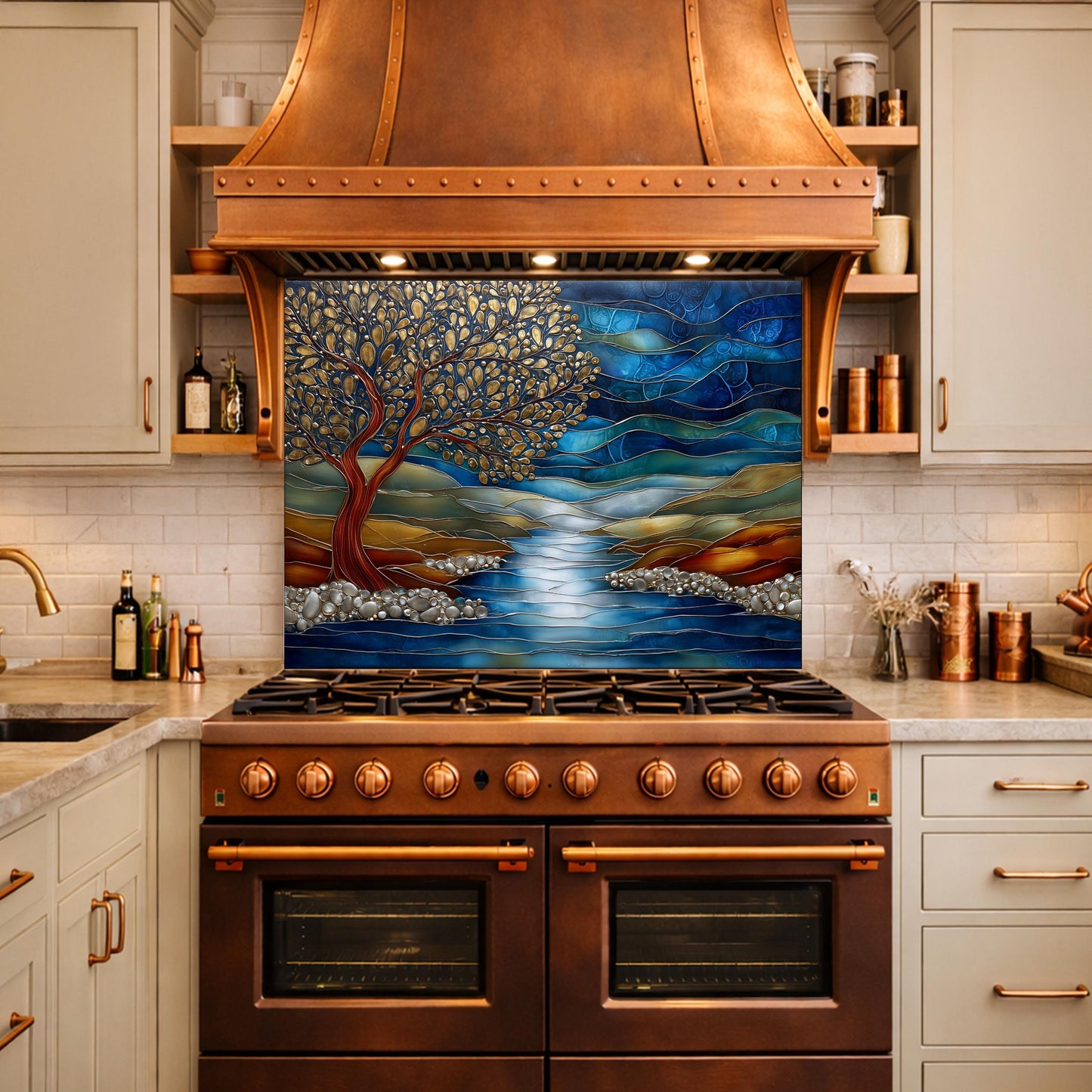 Tree of Life Glass Backsplash, Blue River Landscape Kitchen Wall Panel