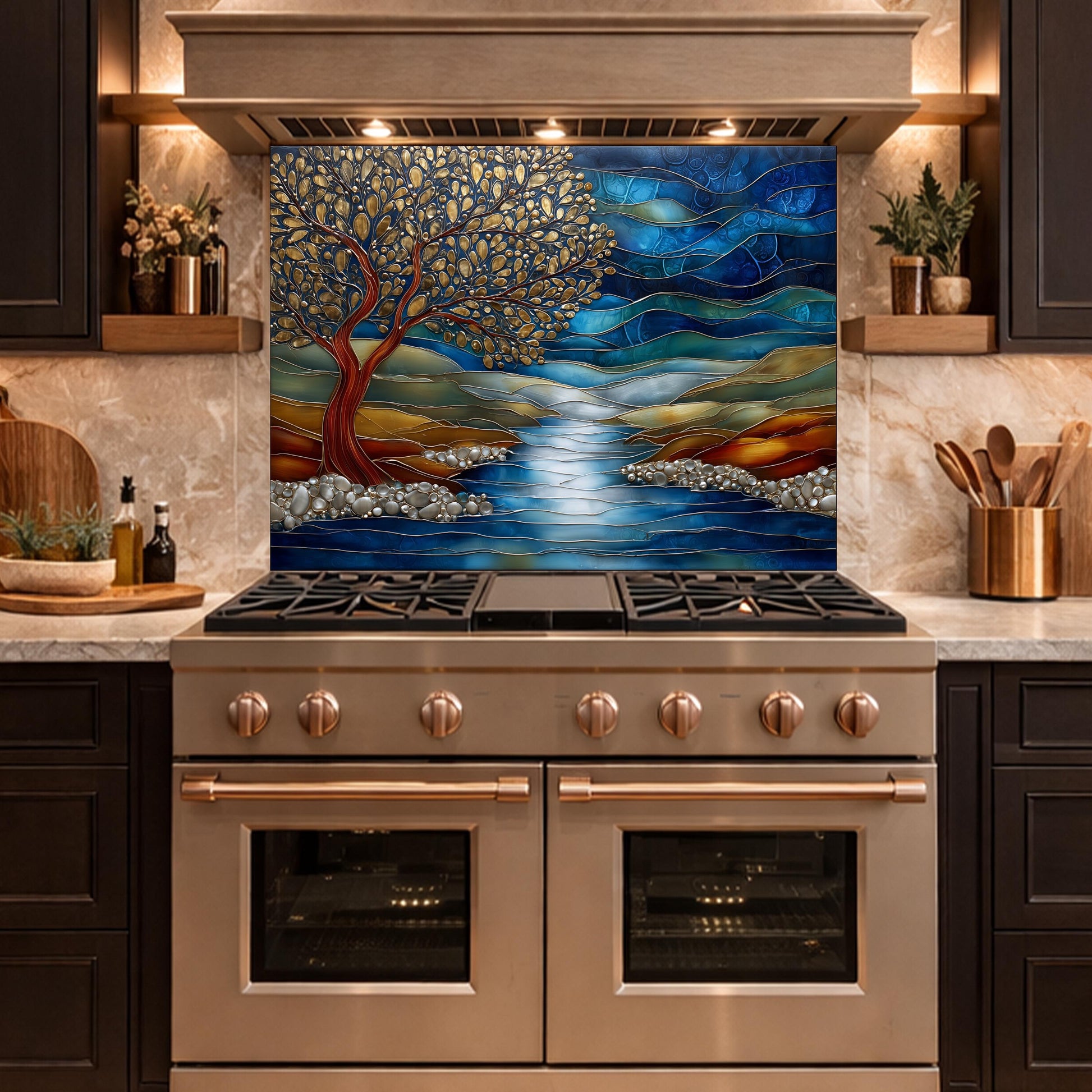 Tree of Life Glass Backsplash, Blue River Landscape Kitchen Wall Panel