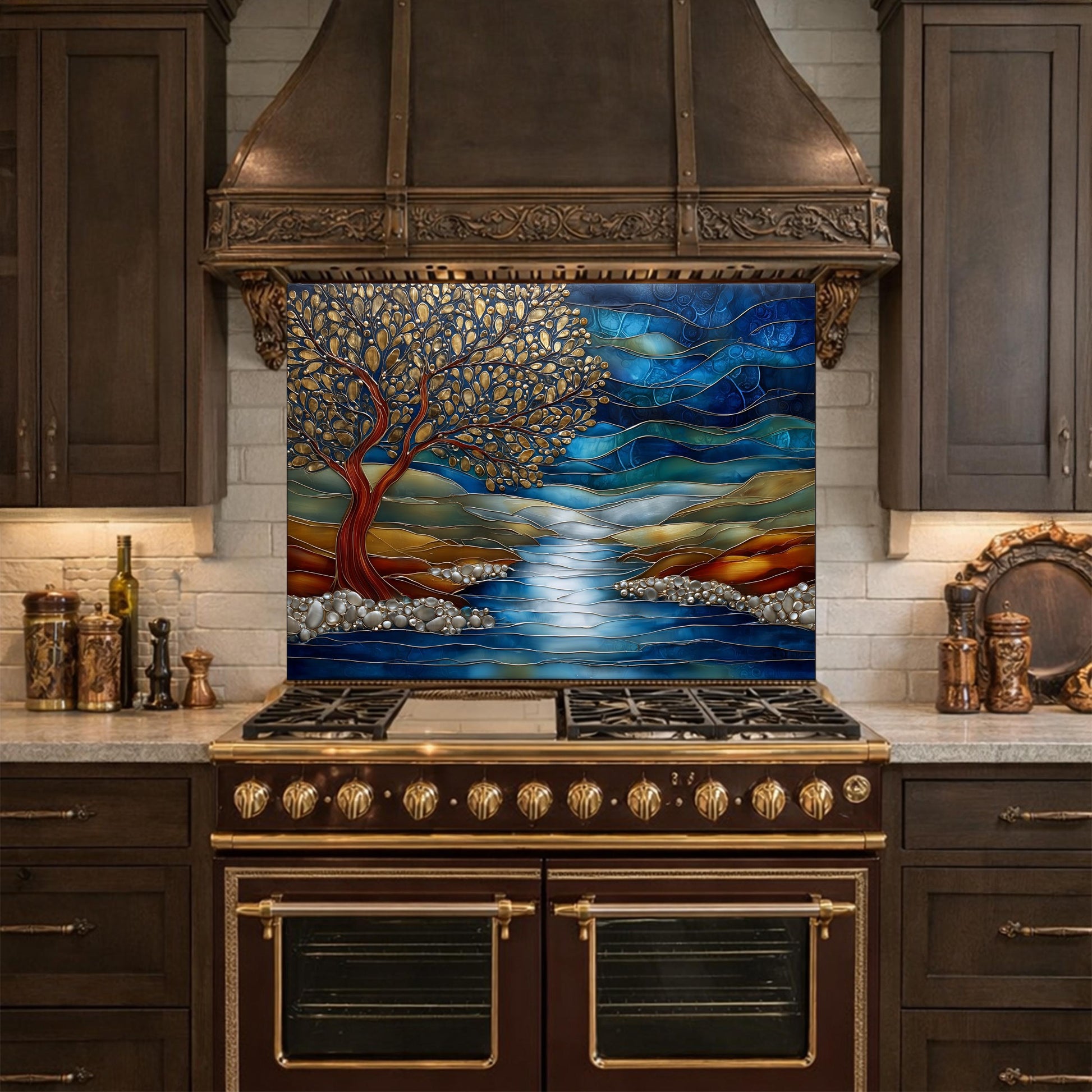 Tree of Life Glass Backsplash, Blue River Landscape Kitchen Wall Panel