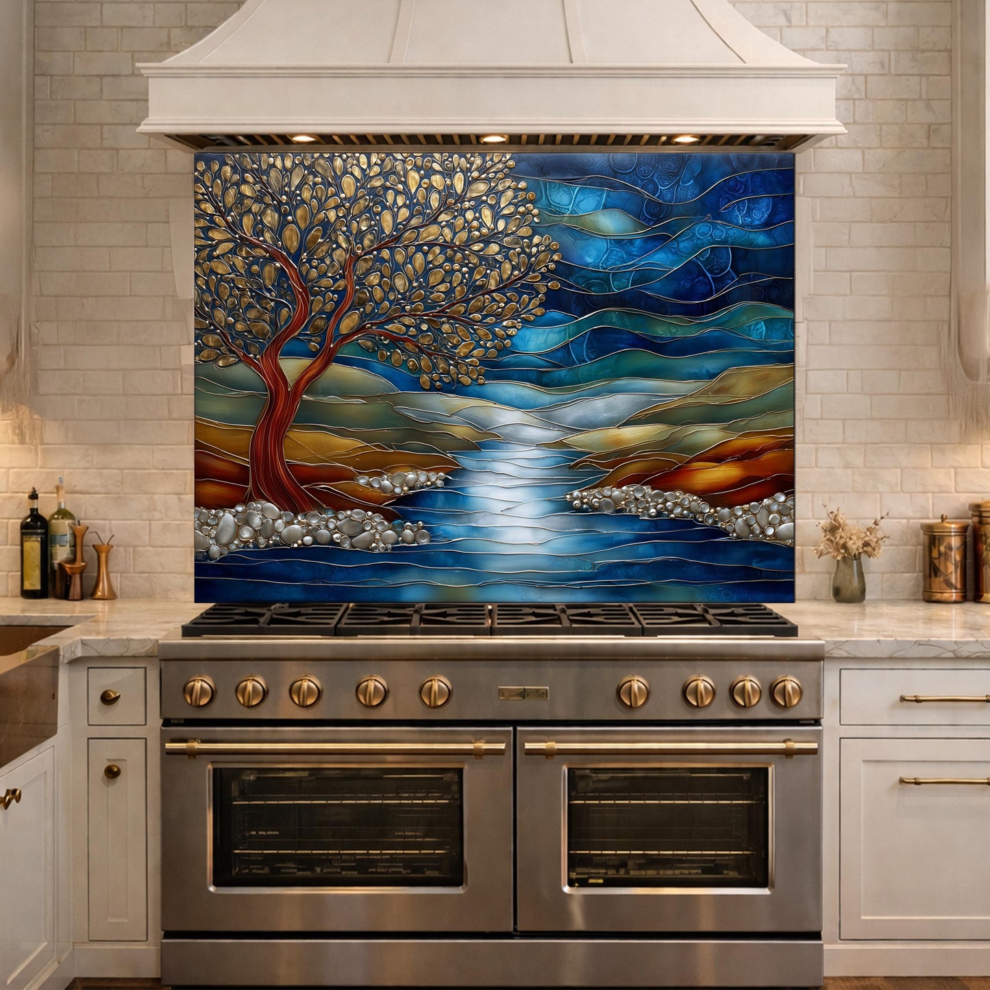 Tree of Life Glass Backsplash, Blue River Landscape Kitchen Wall Panel