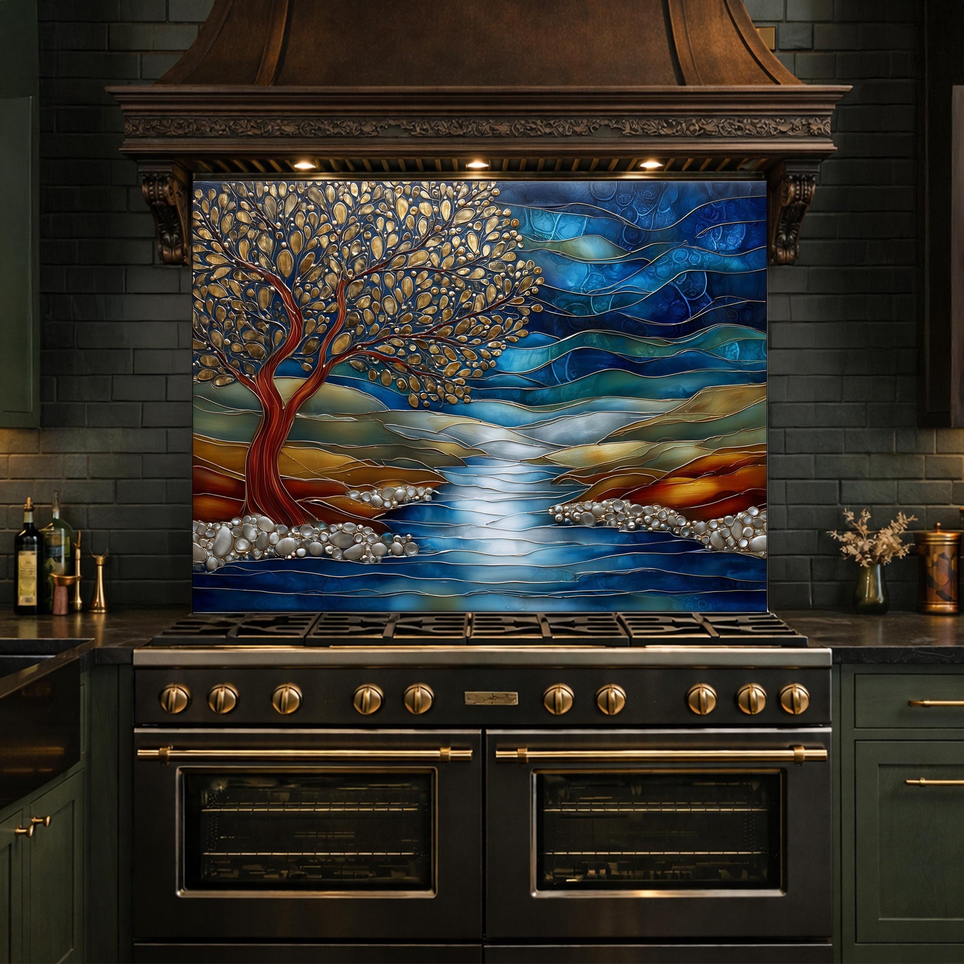 Tree of Life Glass Backsplash, Blue River Landscape Kitchen Wall Panel