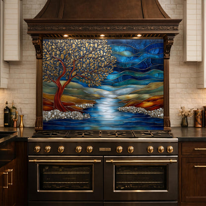 Tree of Life Glass Backsplash, Blue River Landscape Kitchen Wall Panel