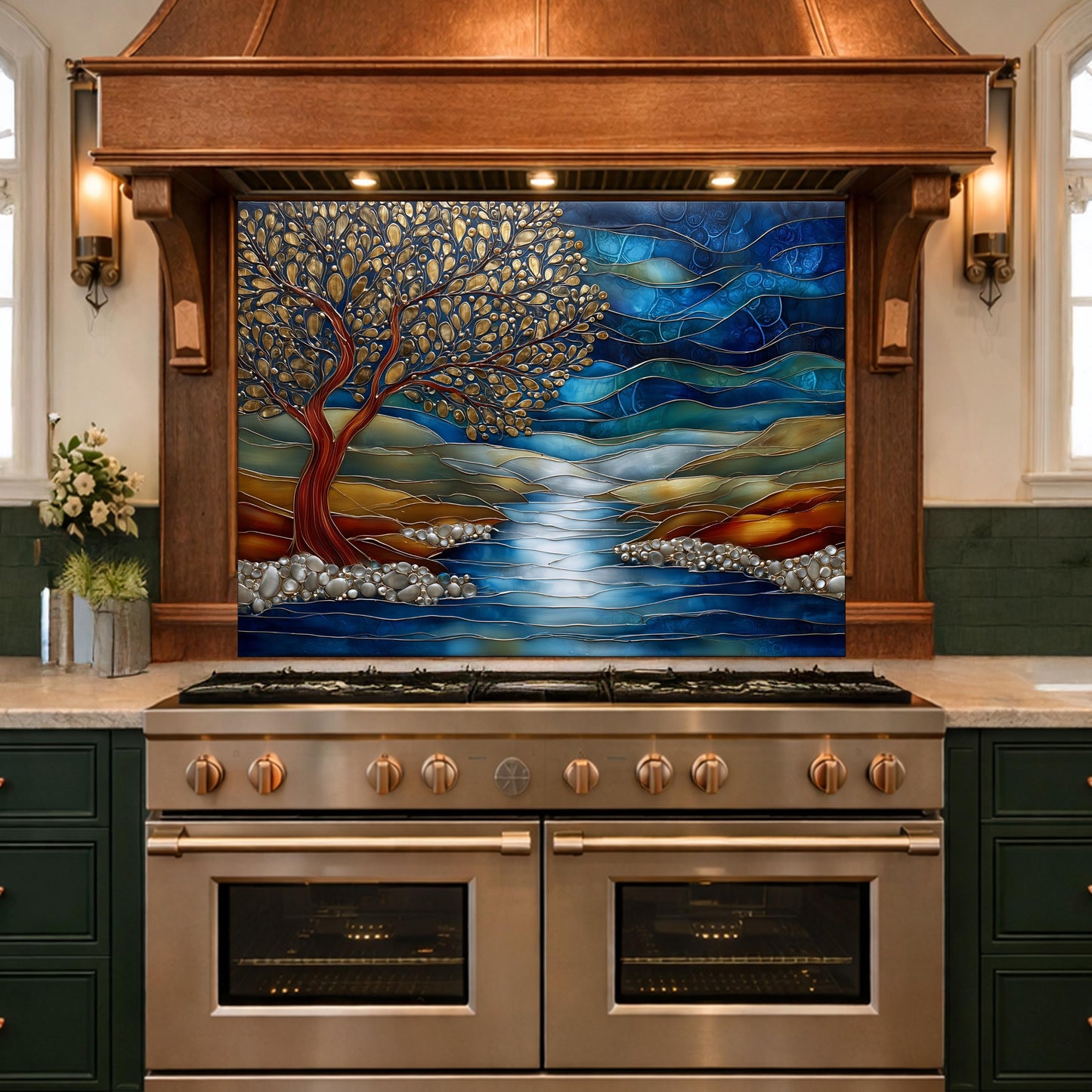 Tree of Life Glass Backsplash, Blue River Landscape Kitchen Wall Panel