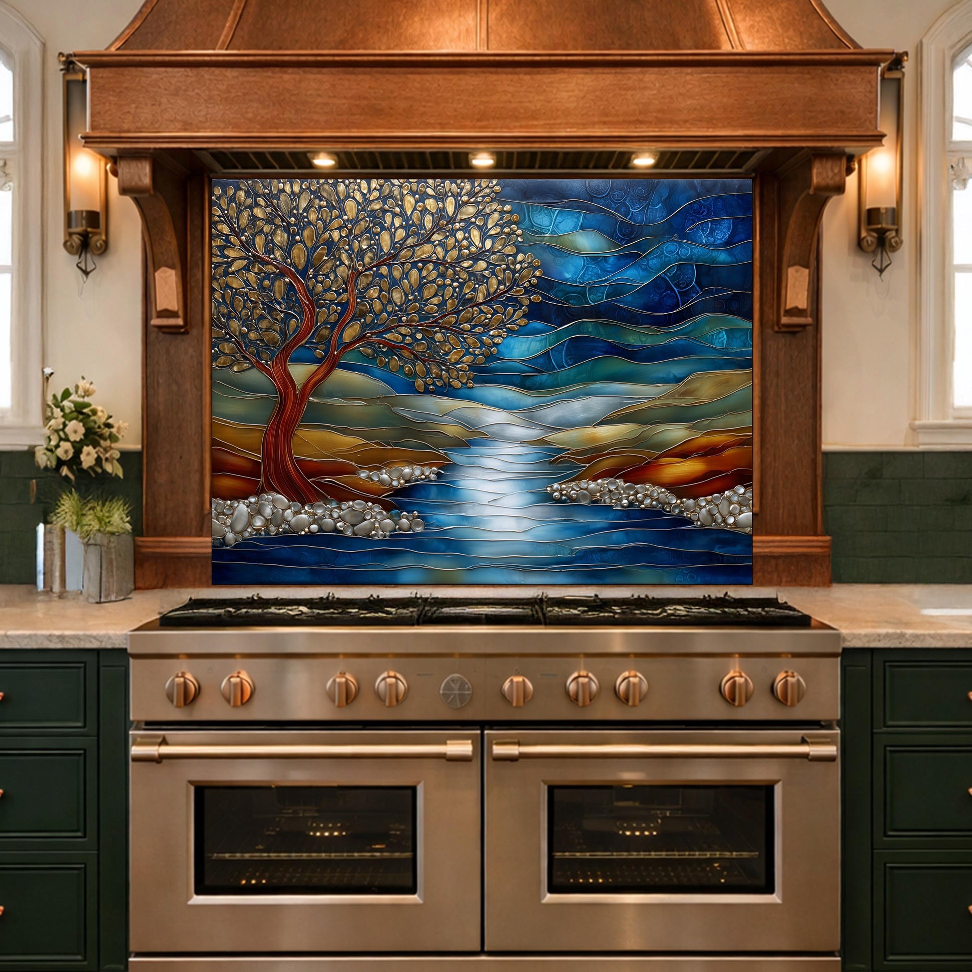 Tree of Life Glass Backsplash, Blue River Landscape Kitchen Wall Panel