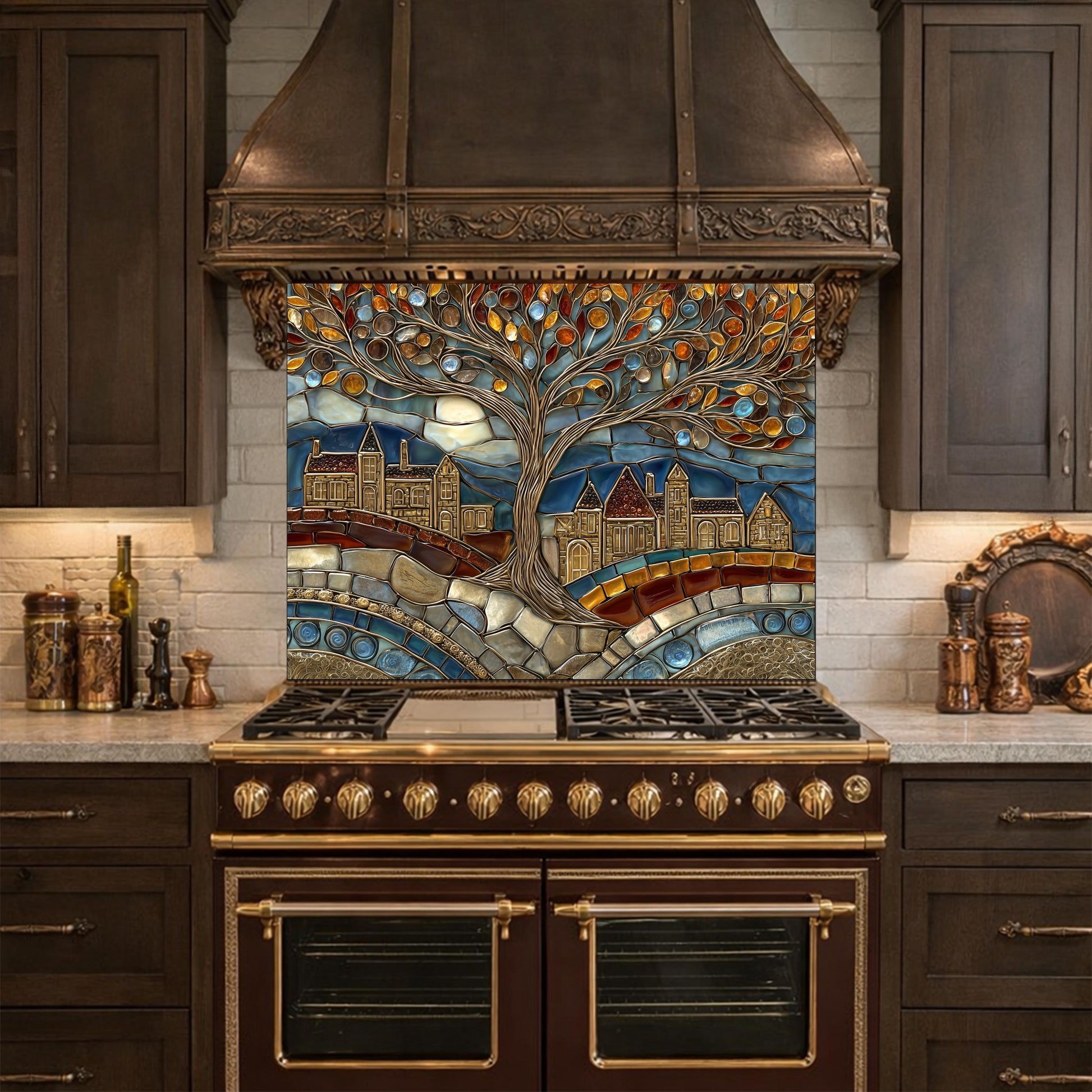Tempered Glass Tree of Life Backsplash, Stained Mosaic Kitchen Wall Art