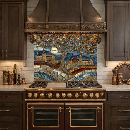 Tempered Glass Tree of Life Backsplash, Stained Mosaic Kitchen Wall Art