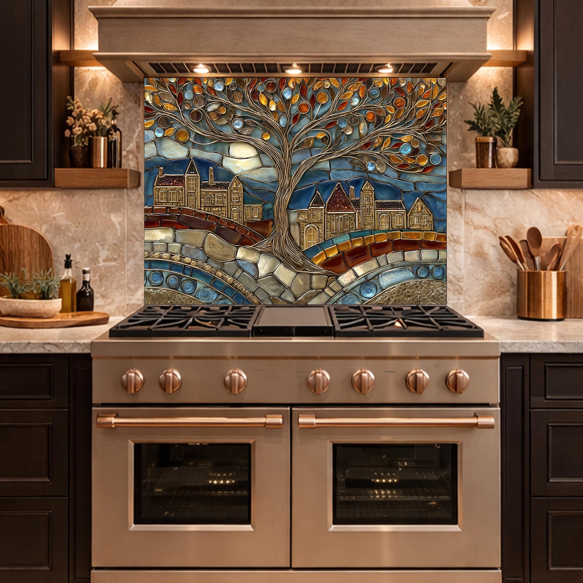 Tempered Glass Tree of Life Backsplash, Stained Mosaic Kitchen Wall Art