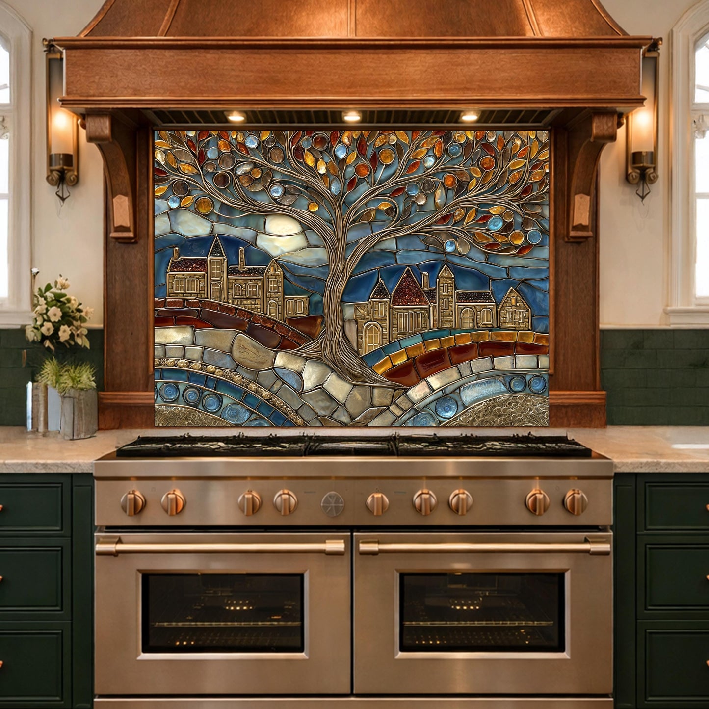 Tempered Glass Tree of Life Backsplash, Stained Mosaic Kitchen Wall Art