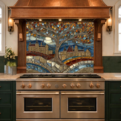 Tempered Glass Tree of Life Backsplash, Stained Mosaic Kitchen Wall Art