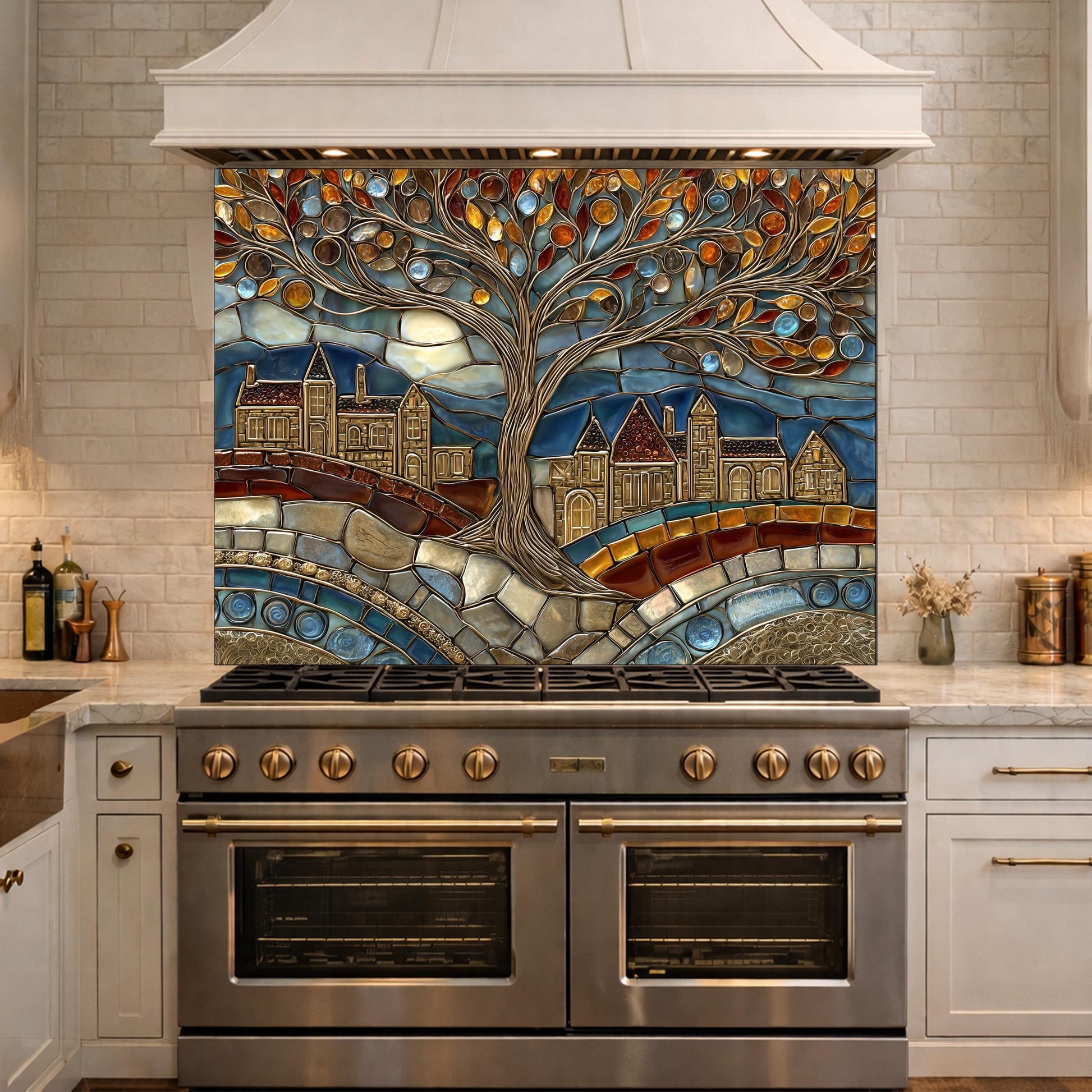 Tempered Glass Tree of Life Backsplash, Stained Mosaic Kitchen Wall Art